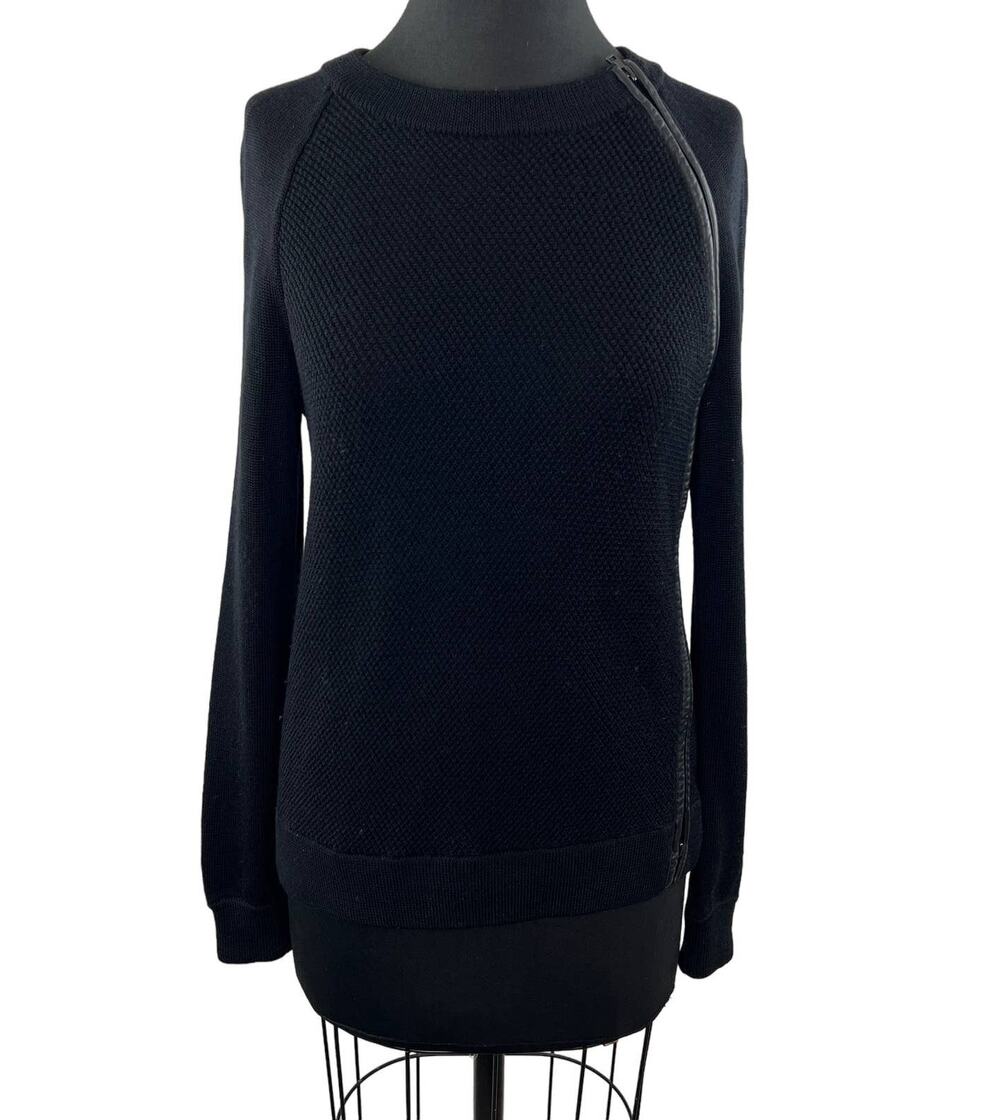 VINCE Black Wool & Leather Waffle Knit Crewneck Front Zip Pullover Sweater XS